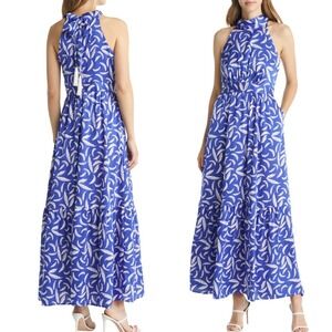 Tahari ASL Blue White Feather Print Halter Maxi Dress Tassel Women's Size 12